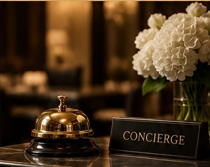 Gold concierge bell and white hydrangeas on a marble hotel desk
