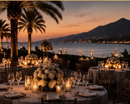 Candlelit outdoor dinner tables at dusk overlooking the sea in Marbella